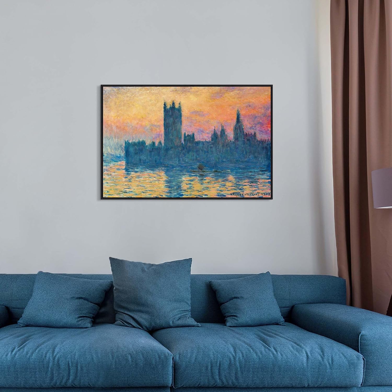 Framed Lake Canvas Wall Art: Claude Monet Sunset The Houses of Parliament Painting Picture Textured Abstract Building Print Decor Bedroom Living Room Artwork
