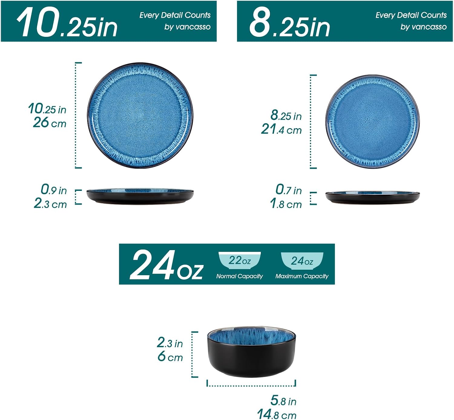 vancasso PLAYA Plates and Bowls Sets, 24 Pieces Blue Dinnerware Sets for Kitchen, Reactive Glaze Dishes Set for 8, Dishwasher and Microwave Safe