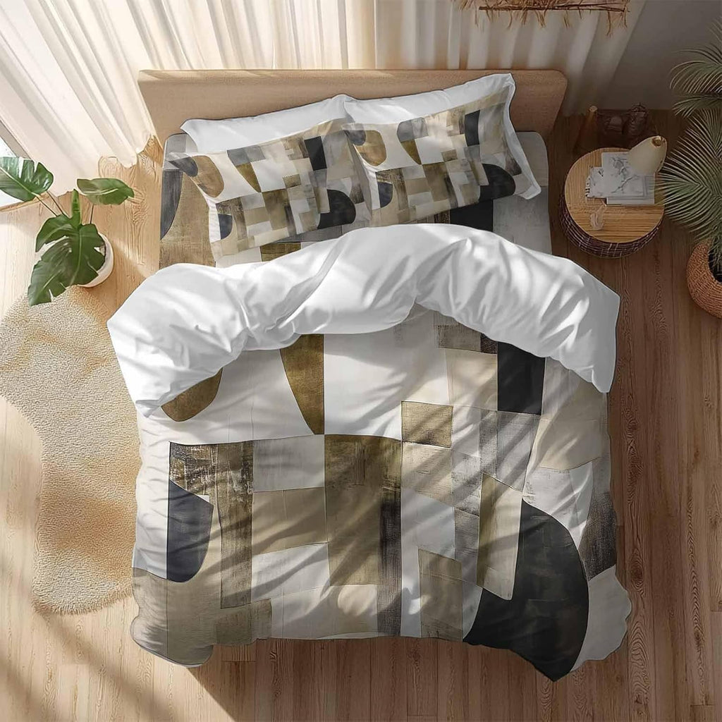 Prime Leader Abstract Duvet Cover Set Queen Size 4 Pieces Brown Black Color Block Geometric Contemporary Bedding Set with Zipper Closure, 1 Comforter Cover 90x92 Inches 1 Flat Sheet & 2 Pillow Cases