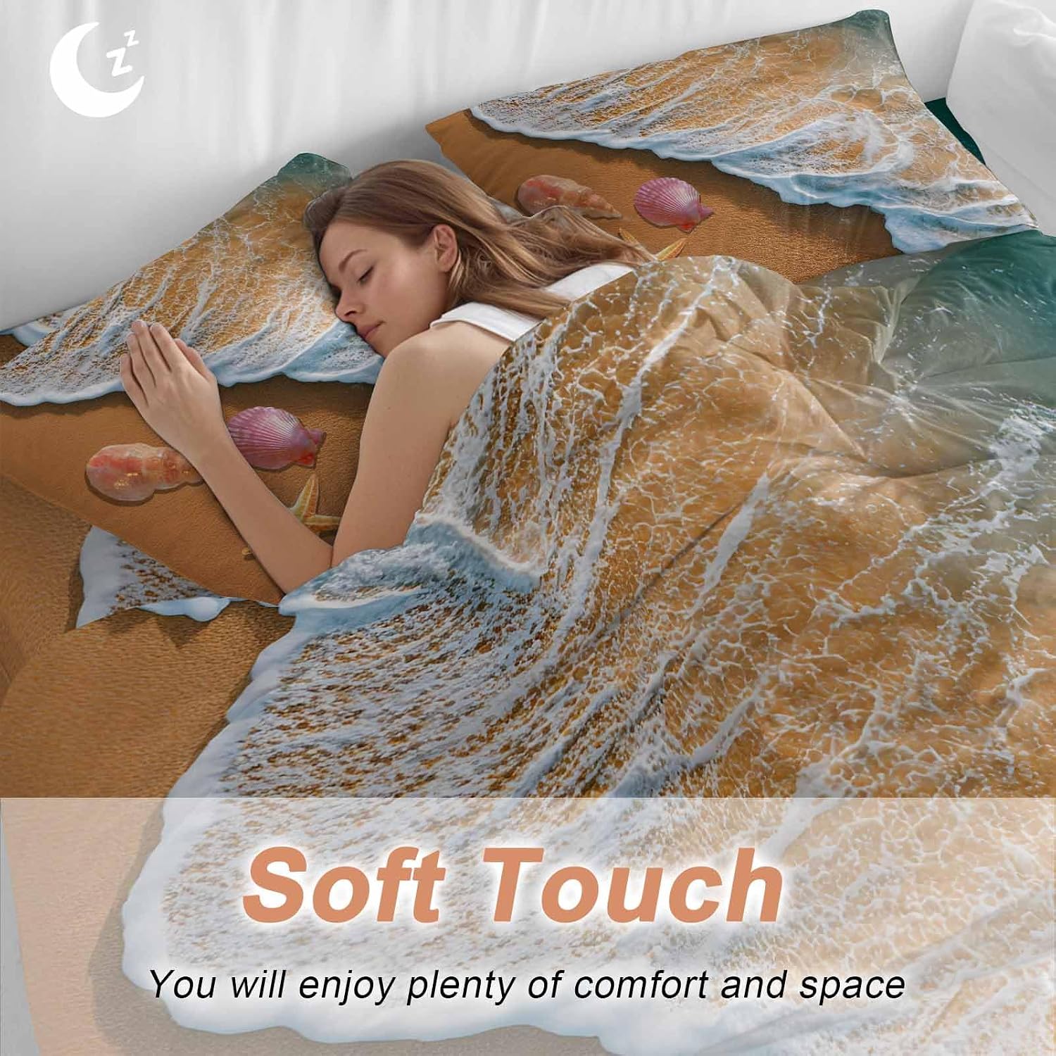 Prime Leader Summer Beach Duvet Cover Set Queen Size 4 Pieces Ocean Waves Conch Starfish Shell Coastal Bedding Set with Zipper Closure, 1 Comforter Cover 92x106 Inches 1 Flat Sheet & 2 Pillow Cases