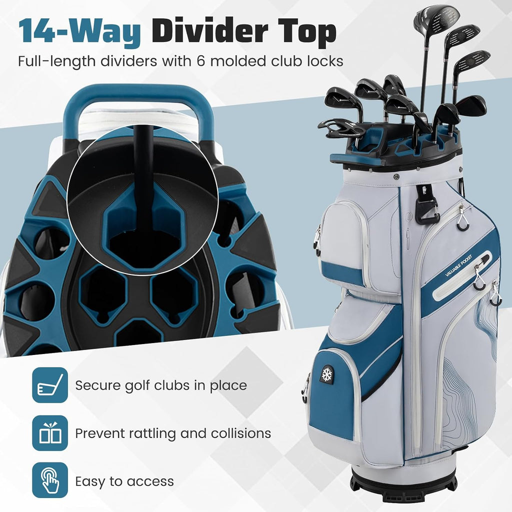 Goplus Lightweight Golf Cart Bag, Molded Lock Top Golf Club Bag w/14-Way Full Length Organizer Dividers, 11 Pockets, Cooler Bag, Straps, Umbrella Holder & Rain Hood for Men Women