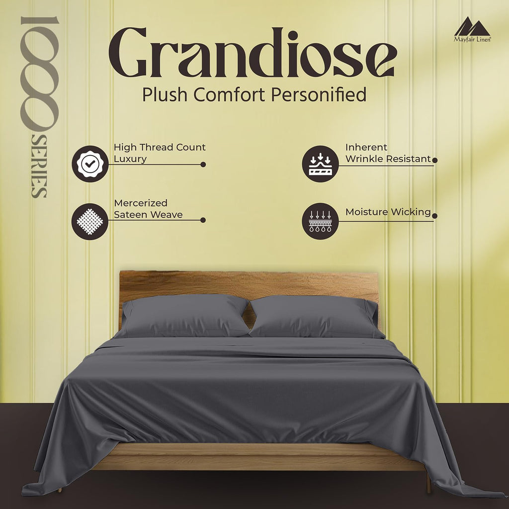 Mayfair Linen 100% Egyptian Cotton Sheets California King Size - Luxury 1000 Series Grandiose Collection Cal King Sheets (4 PC, Dark Grey), 16' Deep Pocket Sateen Soft, Cooling Hotel Bed Sheet Set