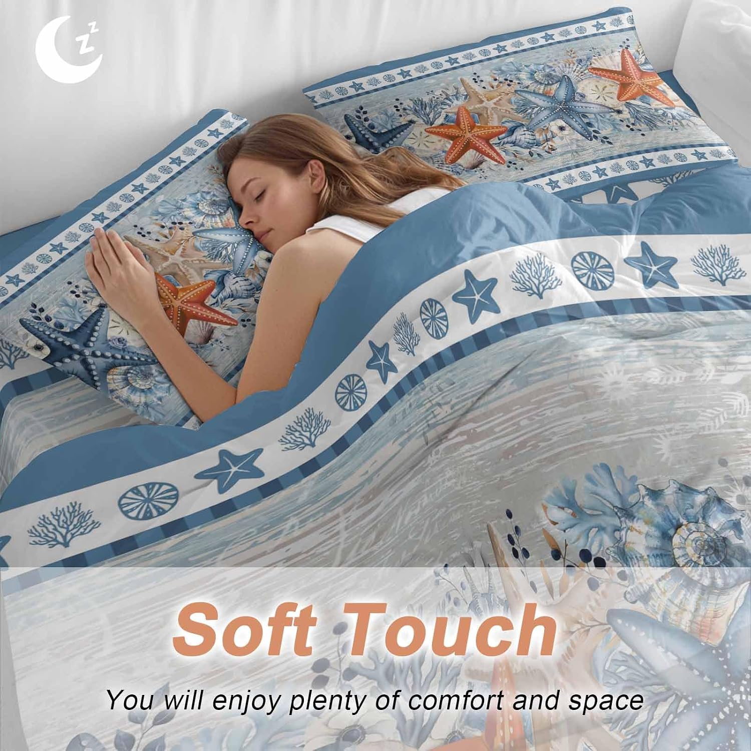 Blue Coastal Duvet Cover Set Queen Size 4 Pieces Orange Starfish Coral Beach Nautical Vintage Bedding Set with Zipper Closure, 1 Comforter Cover 86x86 Inches 1 Flat Sheet & 2 Pillow Cases