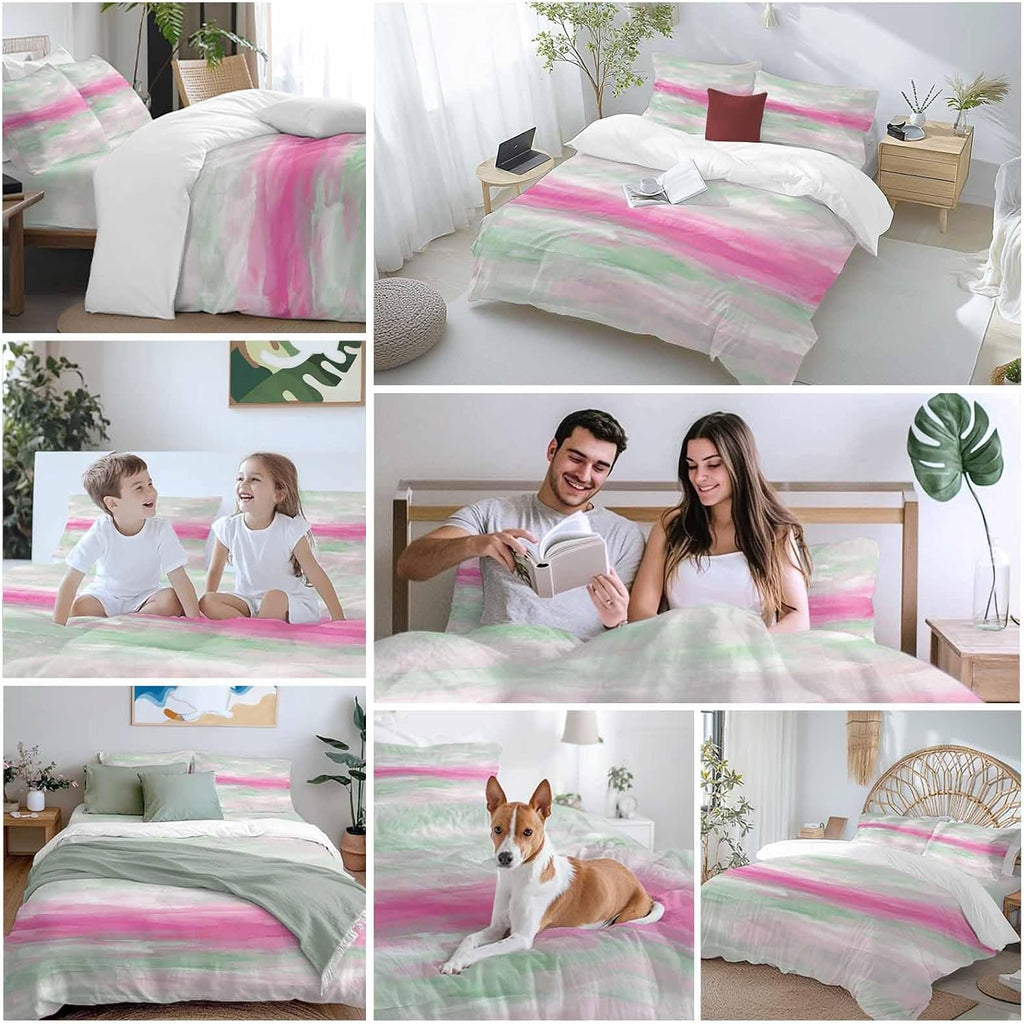 Abstract Sunset Duvet Cover Set Queen Size 4 Pieces Pink Green White Gradient Modern Oil Painting Bedding Set with Zipper Closure, 1 Comforter Cover 90x92 Inches 1 Flat Sheet & 2 Pillow Cases