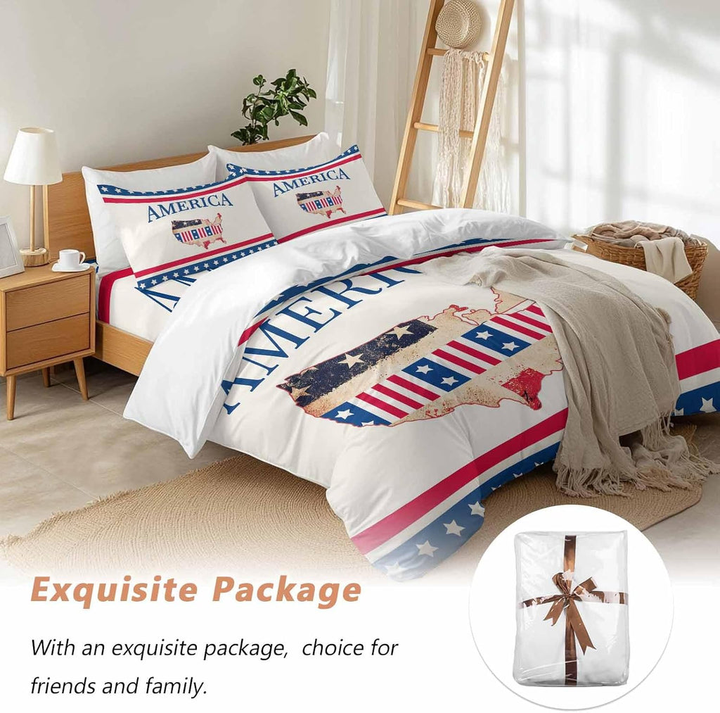 Independence Day Duvet Cover Set Queen Size 4 Pieces American Flag Retro Map Beige Background Red Stripes Bedding Set with Zipper Closure, 1 Comforter Cover 86x86 Inches 1 Flat Sheet & 2 Pillow Cases