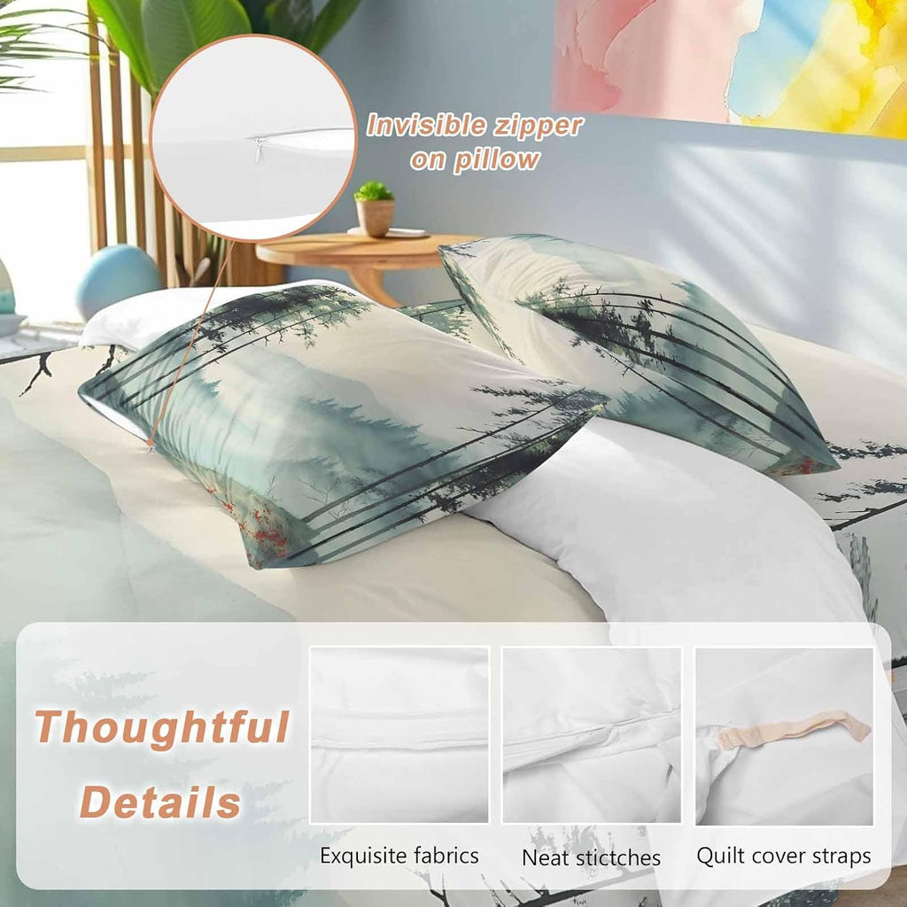 Prime Leader Forest Mountain Landscape Duvet Cover Set Queen Size 4 Pieces Foggy Retro Watercolor Bedding Set with Zipper Closure, 1 Comforter Cover 90x92 Inches 1 Flat Sheet & 2 Pillow Cases