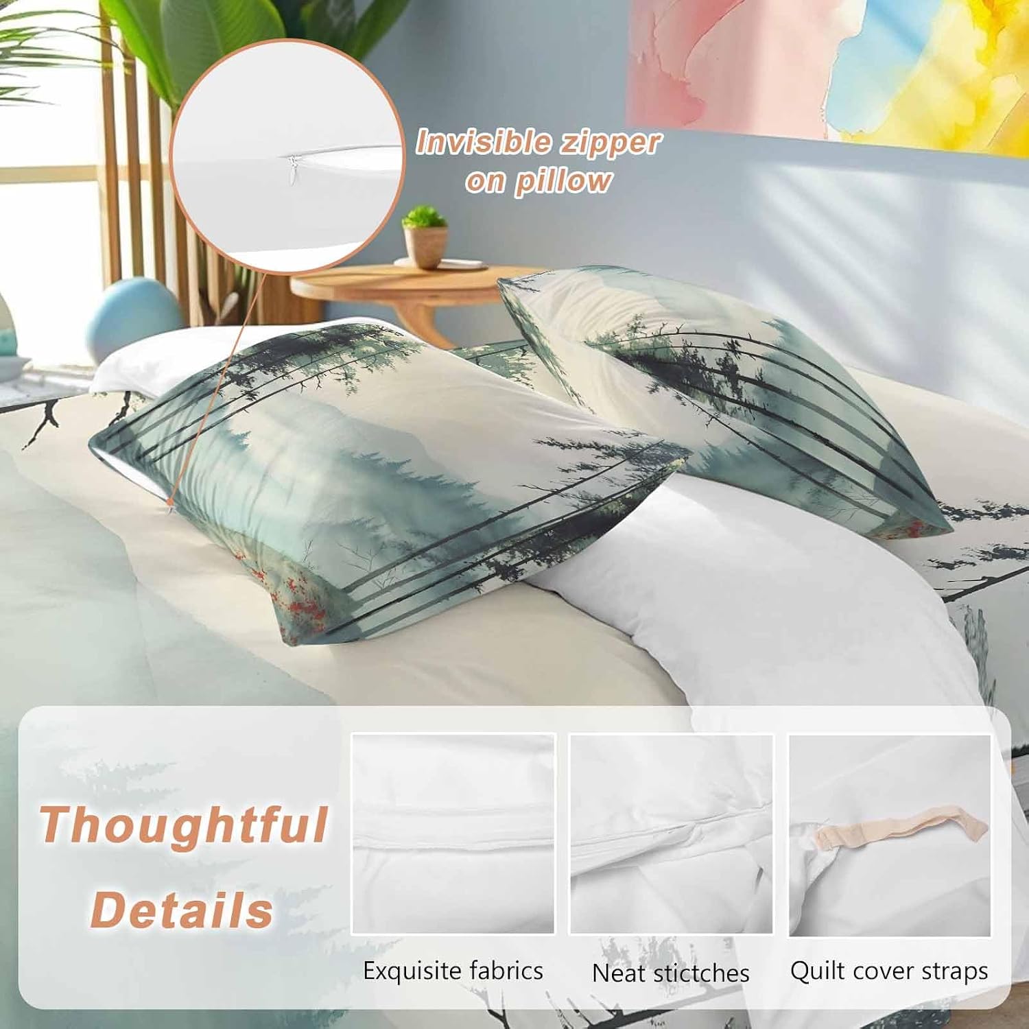 Prime Leader Forest Mountain Landscape Duvet Cover Set Queen Size 4 Pieces Foggy Retro Watercolor Bedding Set with Zipper Closure, 1 Comforter Cover 90x92 Inches 1 Flat Sheet & 2 Pillow Cases