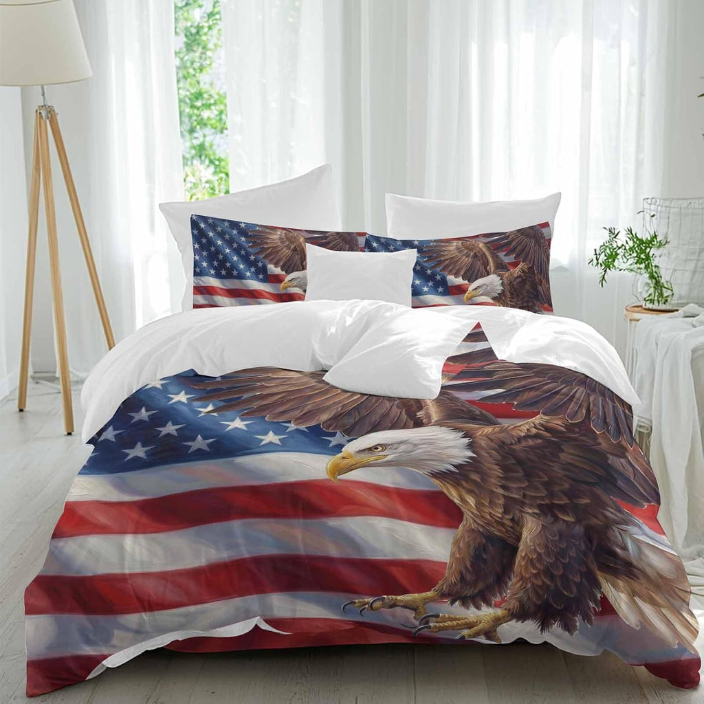 Independence Day Duvet Cover Set Queen Size 4 Pieces Watercolor U. S. Flag Soaring Bald Eagle Bedding Set with Zipper Closure, 1 Comforter Cover 90x92 Inches 1 Flat Sheet & 2 Pillow Cases