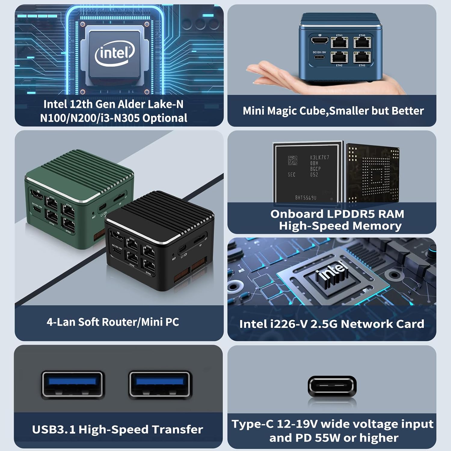 MR-M1 Plus Mini Router Alder Lake i3-N305, 8C/8T, up to 3.8 GHz,16G RAM NO SSD, Type-C/HDMI 4K Dual Display,4X LAN i226-V 2.5GbE Ports/USB3.1 Gen2,Linux/Ubuntu PC