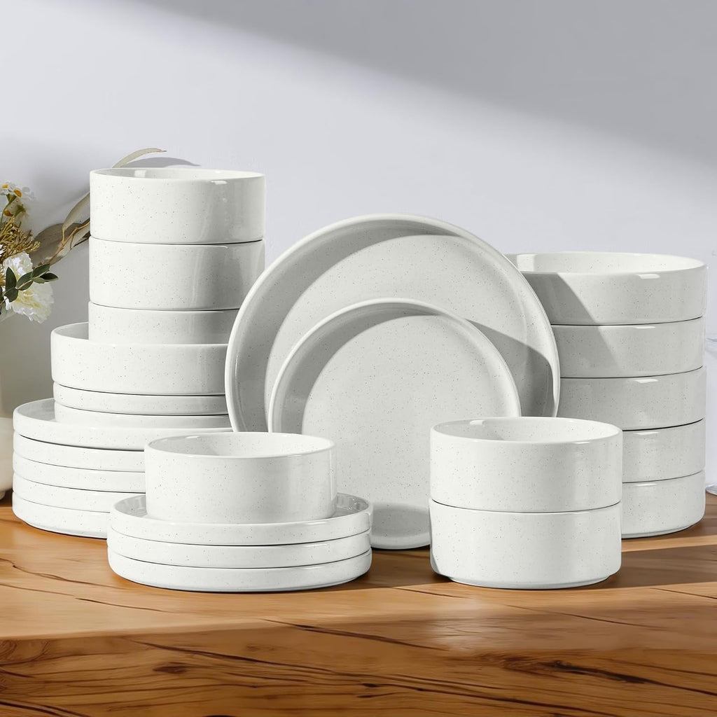 E-far Dinnerware Sets with Pasta Bowls, 24-Piece Stoneware Plates and Bowls Sets for 6 | Microwave & Dishwasher Safe Kitchen Modern Dish Set, Speckled White