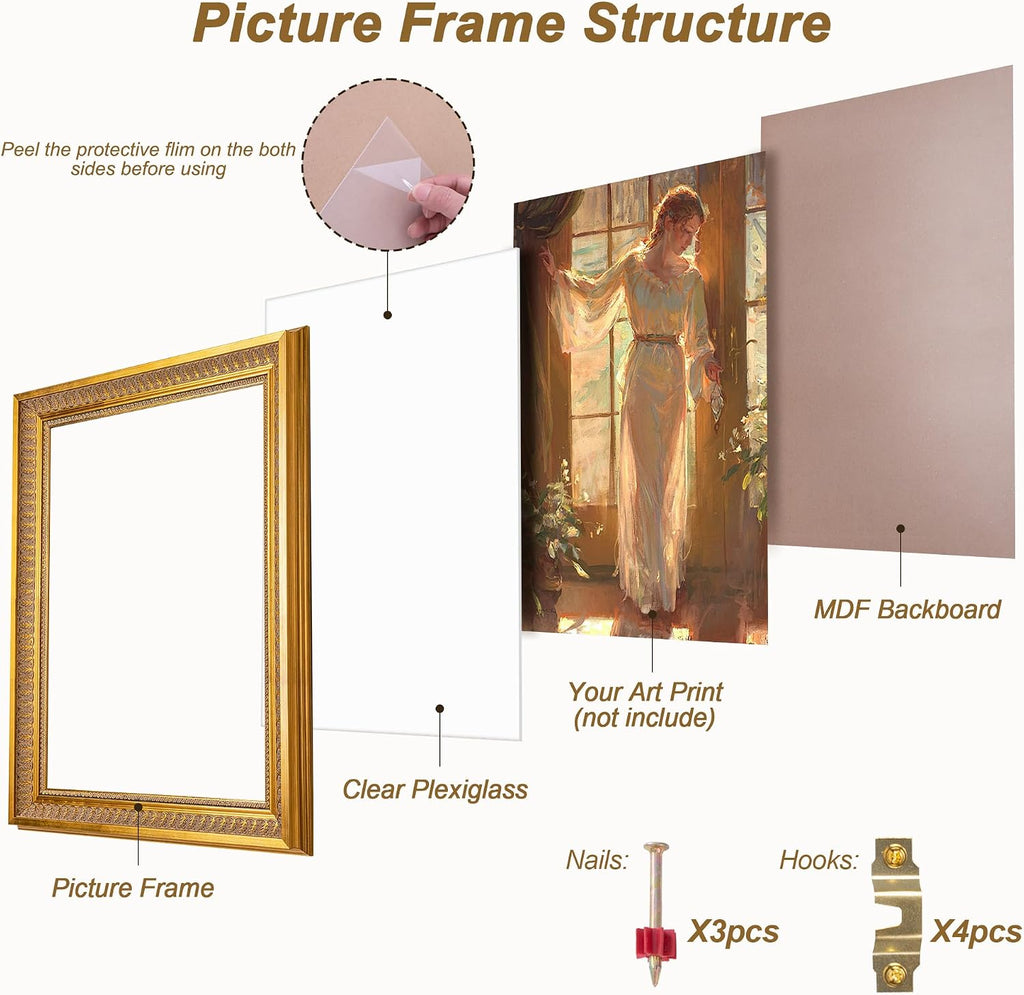 ArtXO 16x24 Gold Picture Frames Vintage with Shatter Resistant Plexiglass - Ornate Photo Poster Wall Art Decor