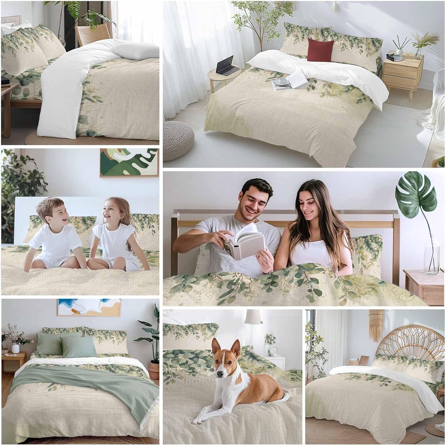 Prime Leader Green Eucalyptus Leaves Duvet Cover Set Queen Size 4 Pieces Flower Vintage Linen Texture Bedding Set with Zipper Closure, 1 Comforter Cover 92x106 Inches 1 Flat Sheet & 2 Pillow Cases