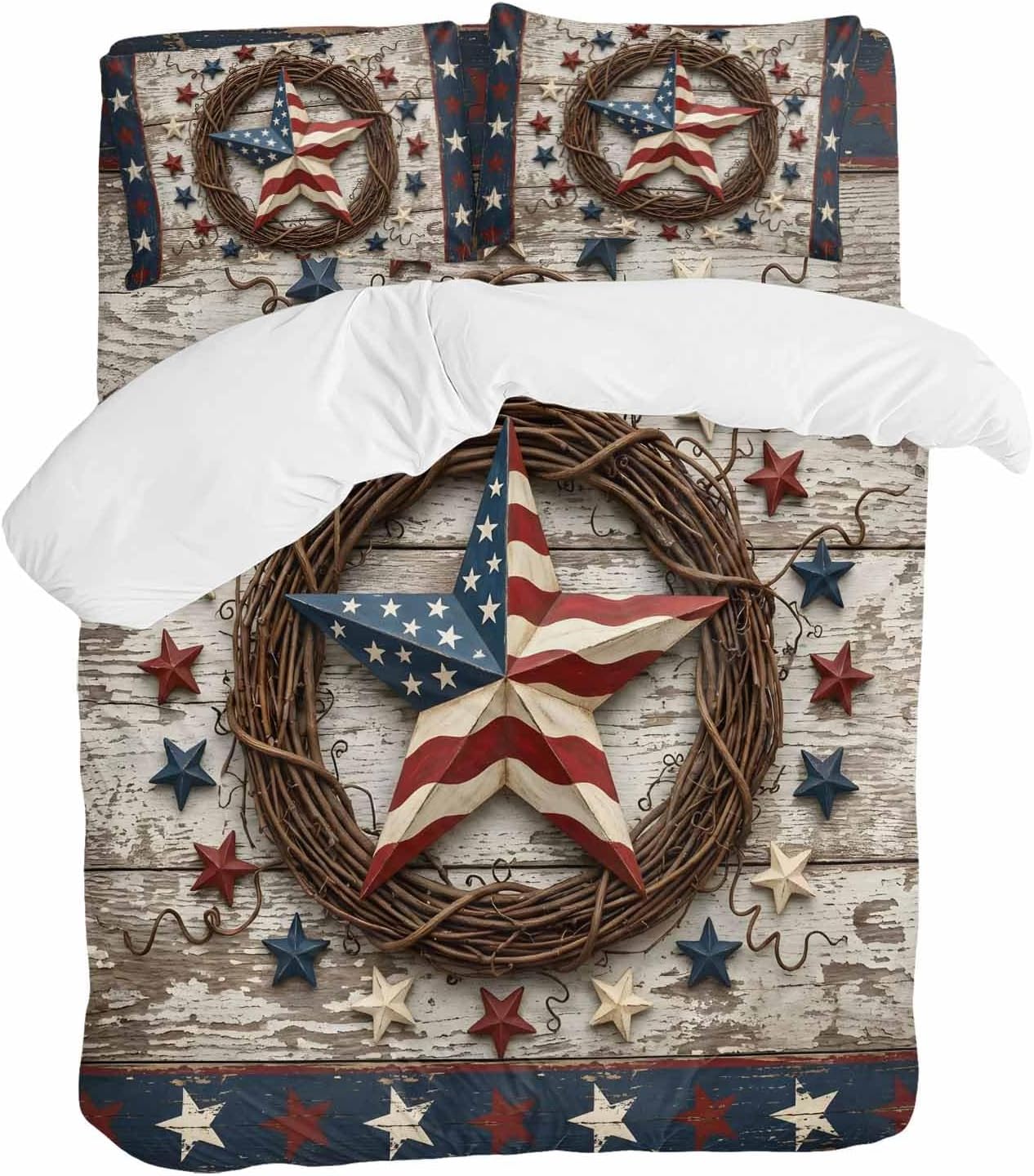 Independence Day Duvet Cover Set Queen Size 4 Pieces Usa Flag Stars Vine Wreath Rustic Wood Grain Bedding Set with Zipper Closure, 1 Comforter Cover 90x92 Inches 1 Flat Sheet & 2 Pillow Cases