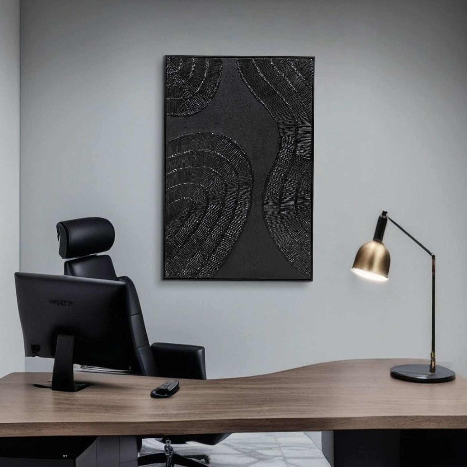 Textured 3D Abstract Hand-Painted Wall Art Large Black Thick Texture Minimalist Wall Art - 3D Contemporary Dimensional Home Office Living Room Modern Wall Decor Framed - 24'x36'