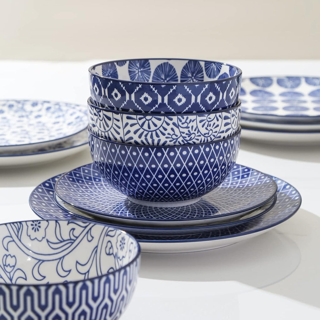 Selamica Ceramic Dinnerware Sets for 6, 24 Piece Plates and Bowls Sets, Scratch Resistant Dishes Set-Dishwasher & Microwave & Oven Safe, Vintage Blue