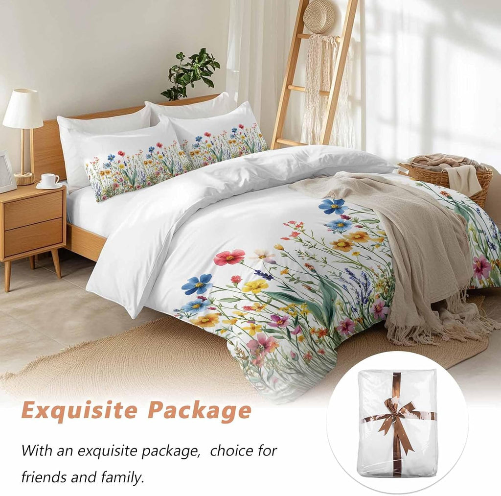 Spring Summer Duvet Cover Set Queen Size 4 Pieces Colorful Wildflower Leaves Sage Green Leaf Bedding Set with Zipper Closure, 1 Comforter Cover 92x106 Inches 1 Flat Sheet & 2 Pillow Cases