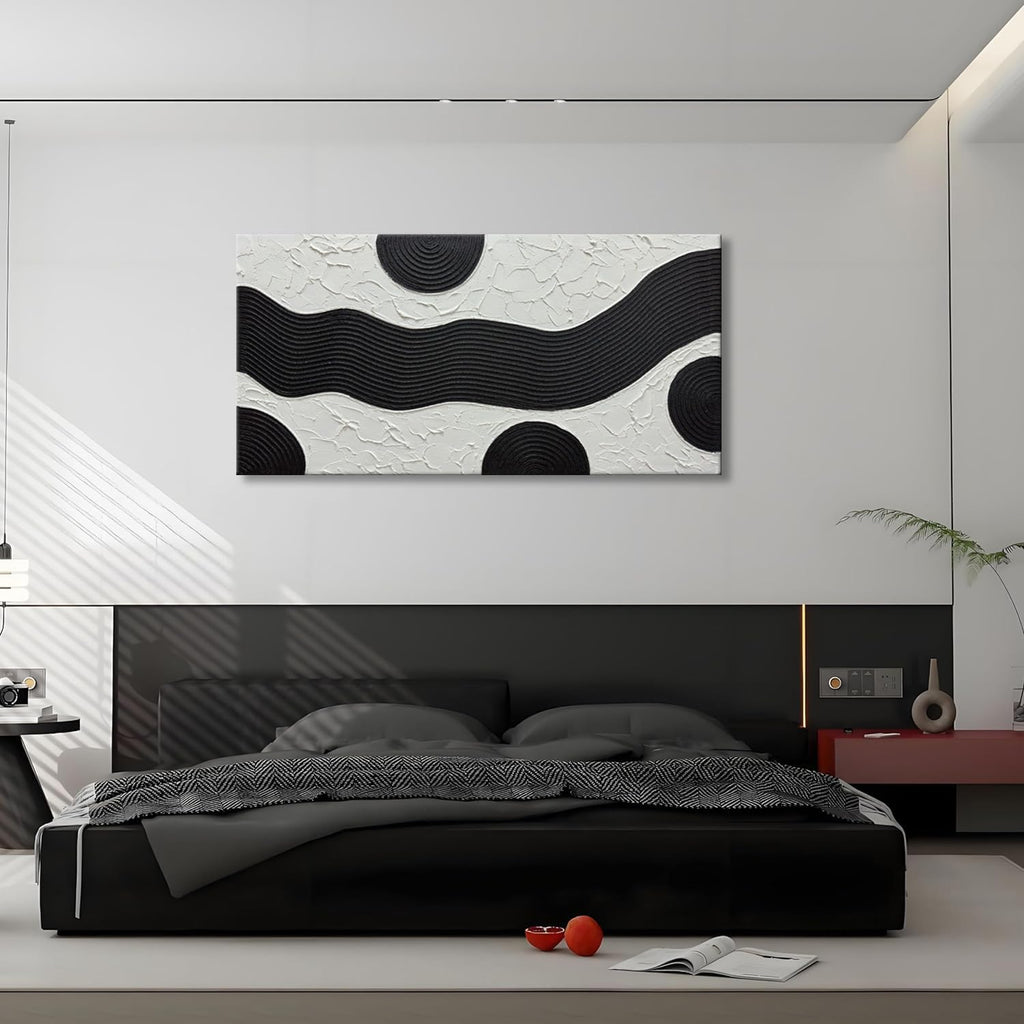 zoinart Hand-Painted Black and White Abstract Oil Paintings Modern Canvas Wall Art, Minimalist Texture Artwork for Living Room Bedroom Office Wall Decor Ready to Hang