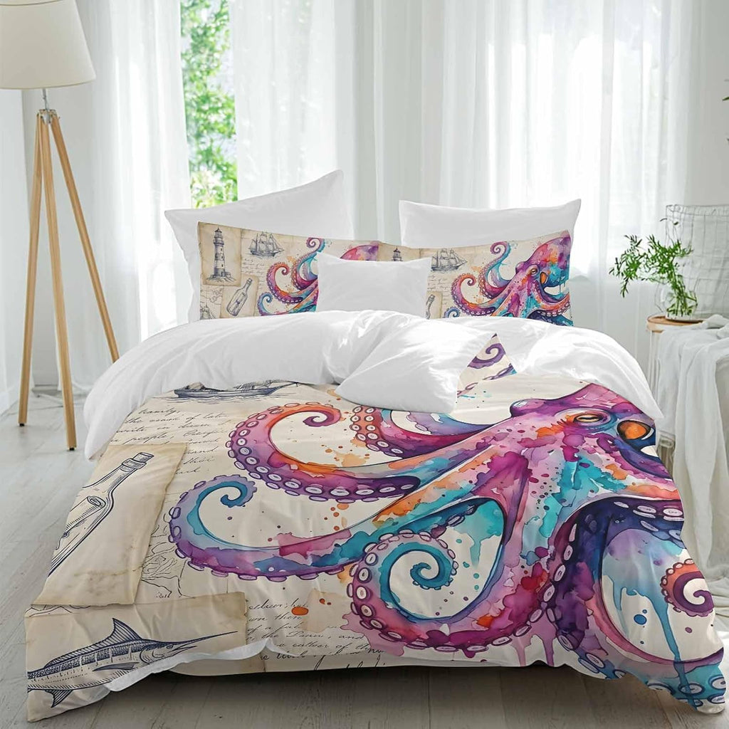 Prime Leader Pink Blue Octopus Duvet Cover Set Queen Size 4 Pieces Watercolor Octopus Newspaper Texture Bedding Set with Zipper Closure, 1 Comforter Cover 86x86 Inches 1 Flat Sheet & 2 Pillow Cases