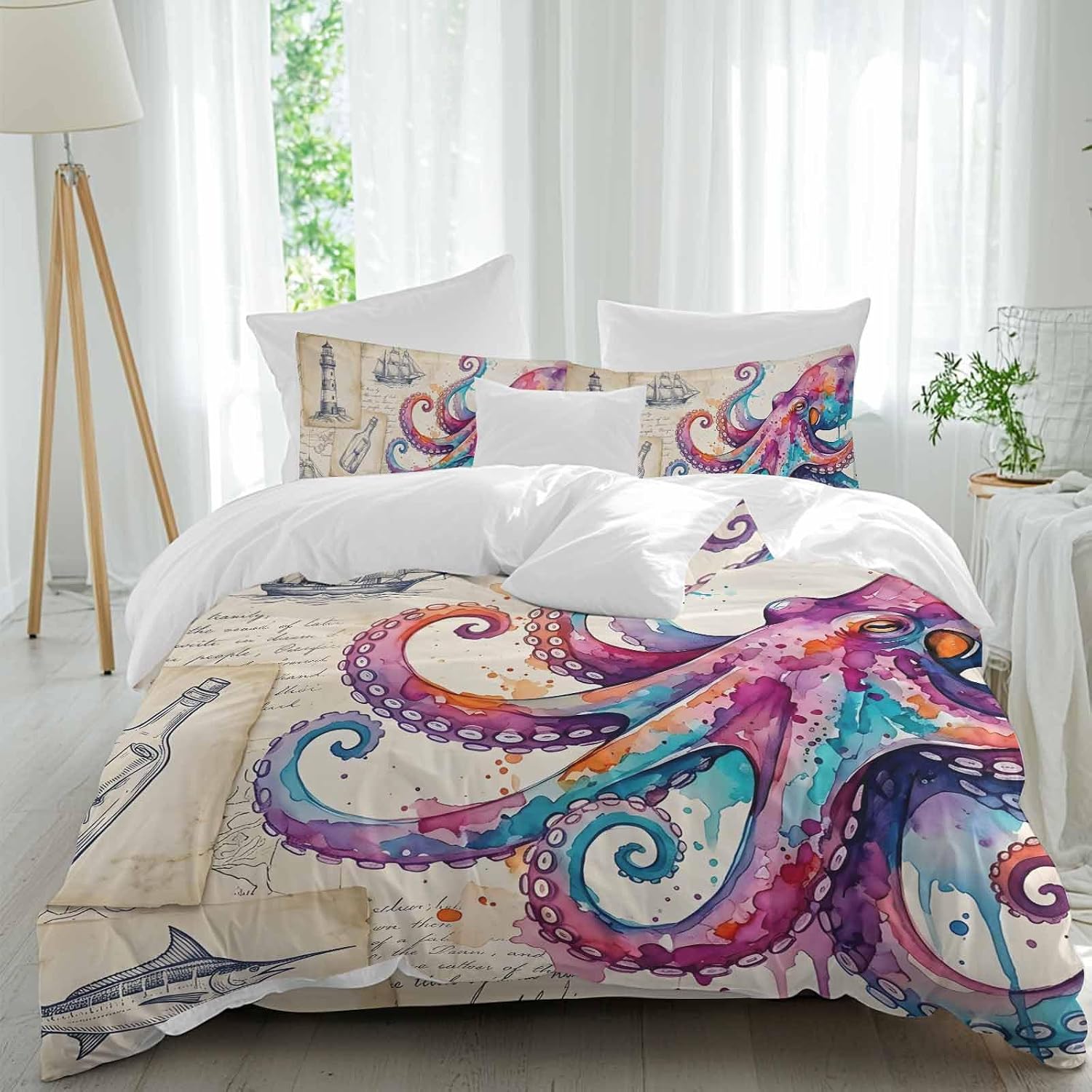 Prime Leader Pink Blue Octopus Duvet Cover Set Queen Size 4 Pieces Watercolor Octopus Newspaper Texture Bedding Set with Zipper Closure, 1 Comforter Cover 86x86 Inches 1 Flat Sheet & 2 Pillow Cases