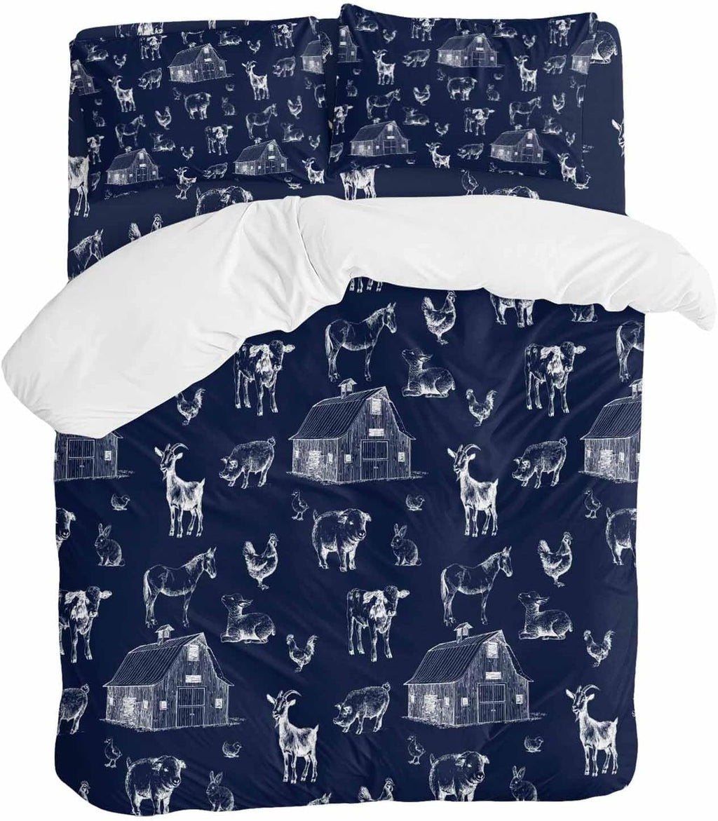 Farm Animals Duvet Cover Set Queen Size 4 Pieces Navy Blue Farmhouse Chicken Cow Sheep Pig House Country Bedding Set with Zipper Closure, 1 Comforter Cover 92x106 Inches 1 Flat Sheet & 2 Pillow Cases