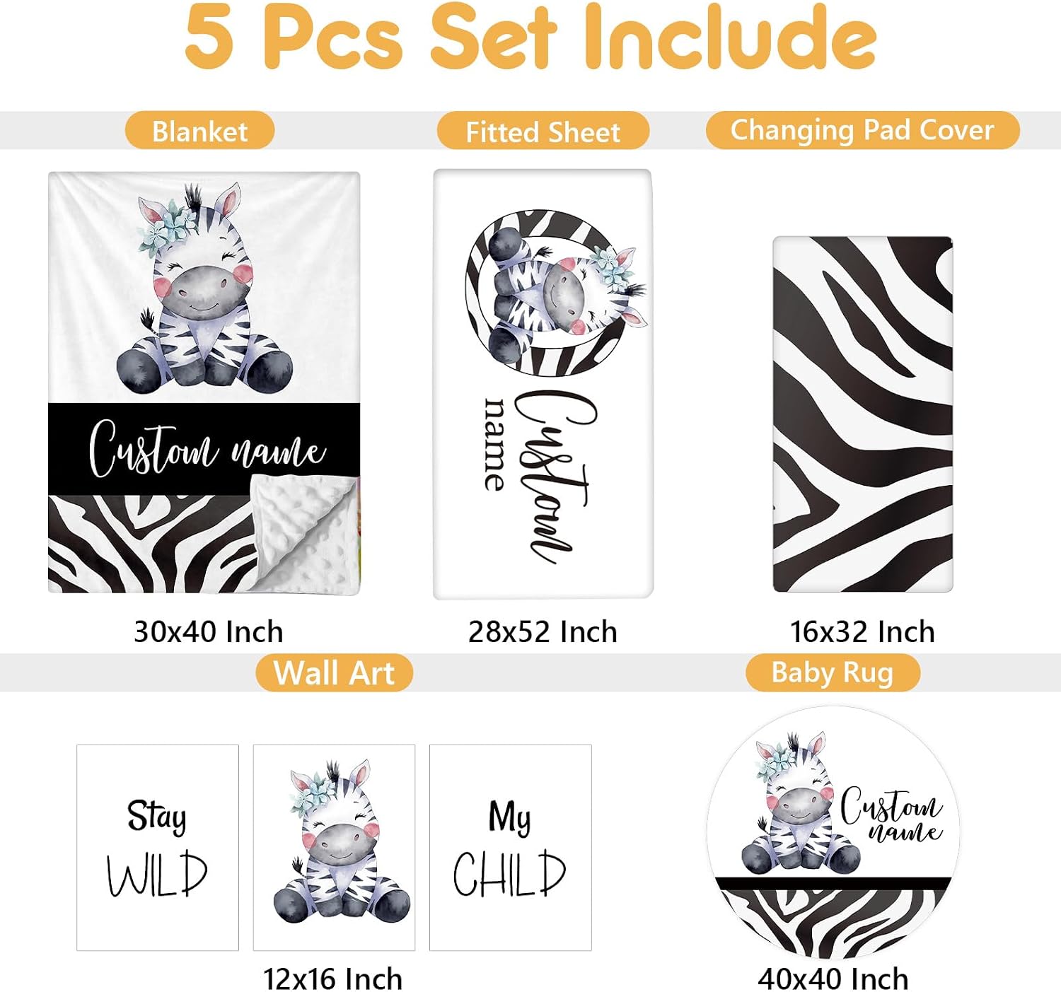 Terwex Personalized Baby Crib Bedding Set, 5 Pcs Custom Name Nursery Bedding Set, Striped Zebra Baby Bedding Set for Girls Boys, Double Layer Flannel Baby Crib Set, Toddlers Infants Customized Gifts