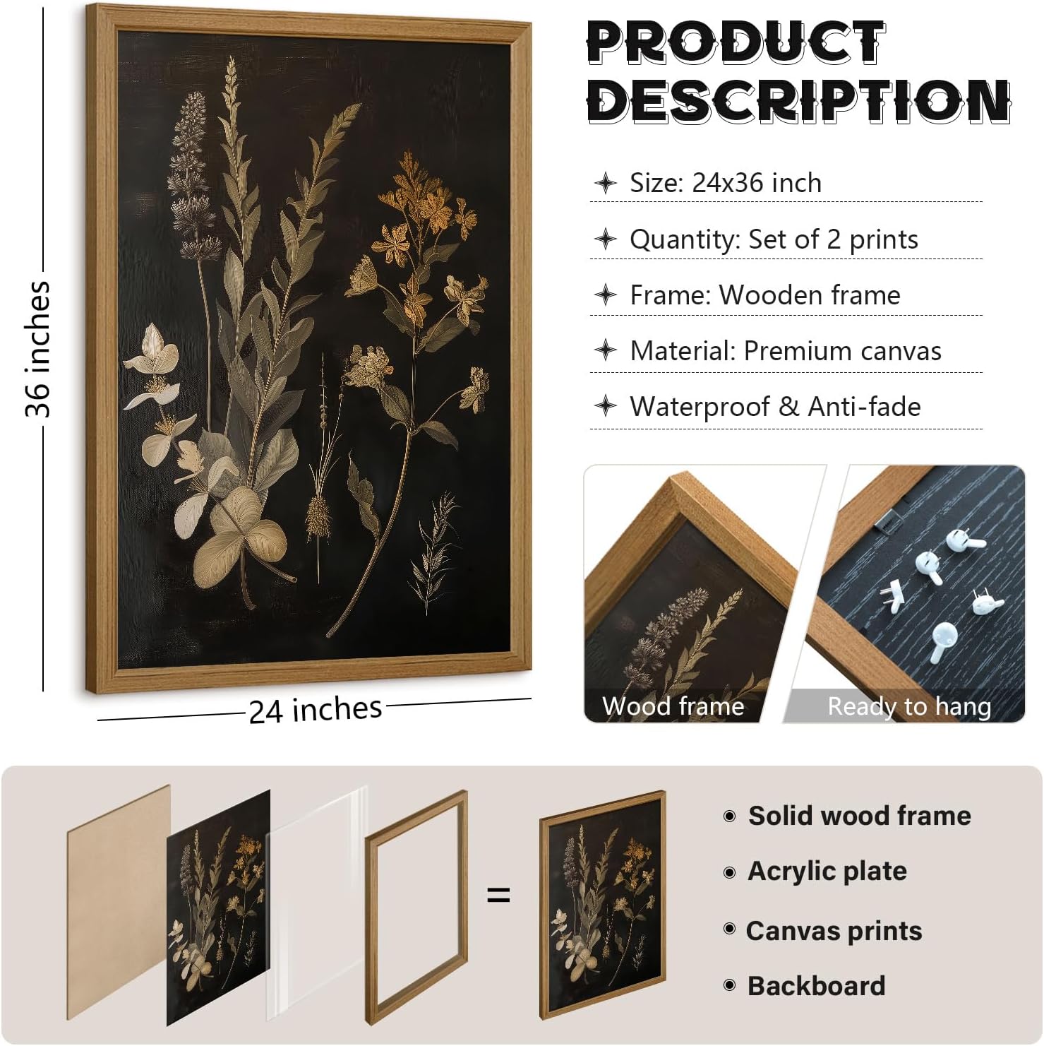 Vintage Floral Wall Art Decor Black Botanical Canvas Art Moody Flower Wall Art Dark Academia Poster Painting Vintage Floral Prints Pictures for Bedroom Living Room 24x36 Inch Wood Framed Set of 2