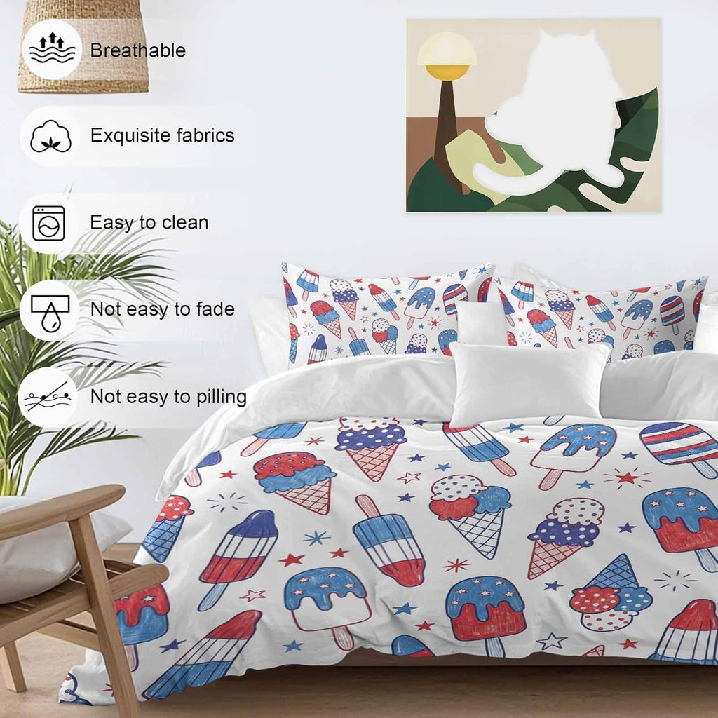 Prime Leader Red Blue Ice Cream Duvet Cover Set Queen Size 4 Pieces Independence Day Retro Ice Cream Bedding Set with Zipper Closure, 1 Comforter Cover 90x92 Inches 1 Flat Sheet & 2 Pillow Cases