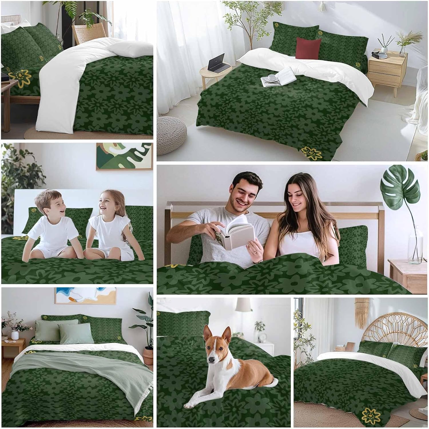 Prime Leader Flowers Duvet Cover Set Queen Size 4 Pieces Spring Green Yellow Daisy Floral Green Bedding Set with Zipper Closure, 1 Comforter Cover 92x106 Inches 1 Flat Sheet & 2 Pillow Cases