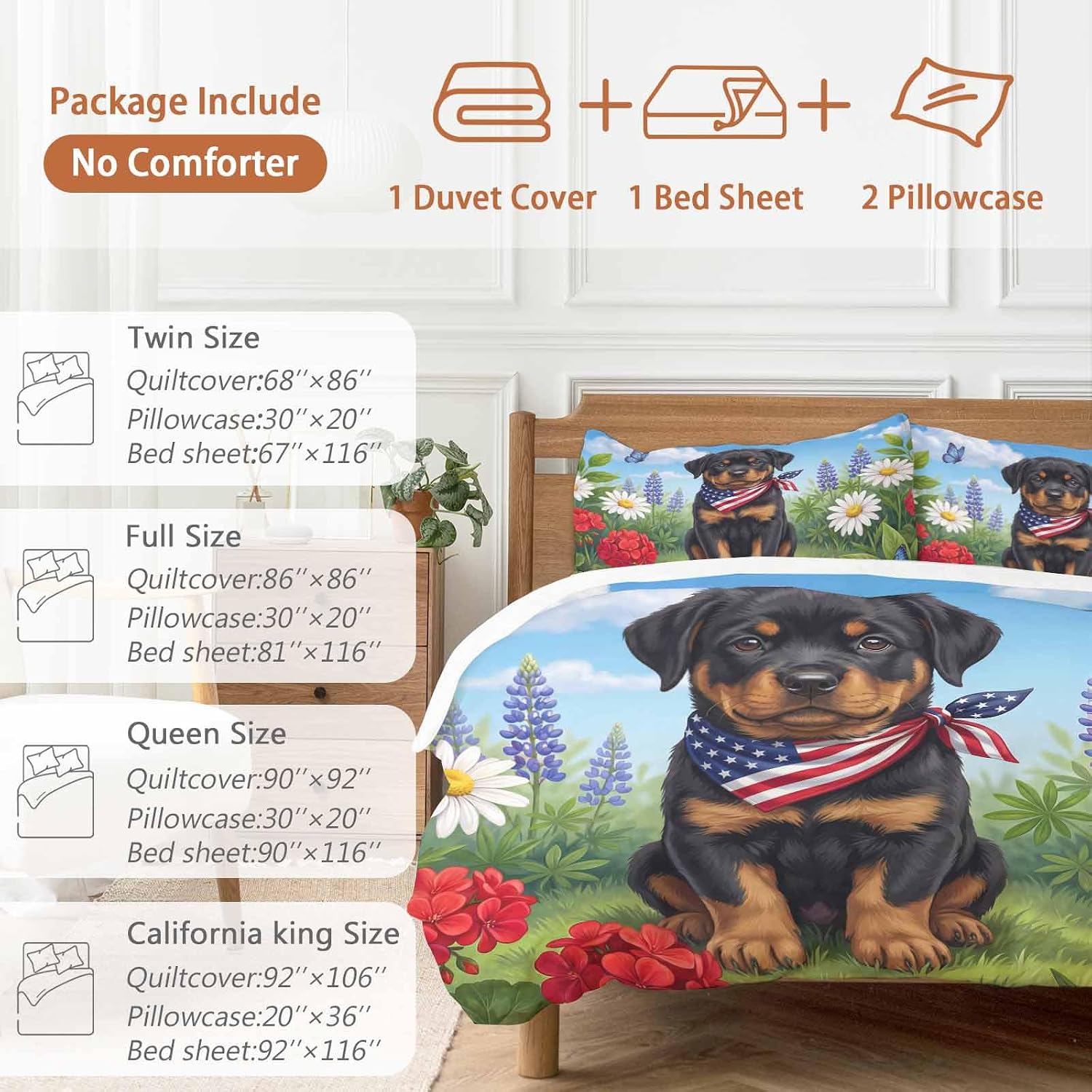 Independence Day Duvet Cover Set Queen Size 4 Pieces Watercolor U. S. Flag Cute Rottweiler Butterfly Bedding Set with Zipper Closure, 1 Comforter Cover 86x86 Inches 1 Flat Sheet & 2 Pillow Cases