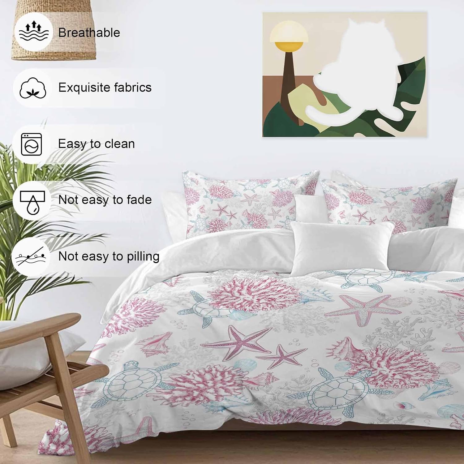Summer Marine Life Duvet Cover Set Queen Size 4 Pieces Ocean Starfish Coral Coastal Sea Turtle Pink Bedding Set with Zipper Closure, 1 Comforter Cover 90x92 Inches 1 Flat Sheet & 2 Pillow Cases