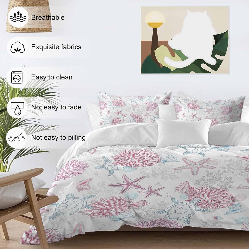 Summer Marine Life Duvet Cover Set Queen Size 4 Pieces Ocean Starfish Coral Coastal Sea Turtle Pink Bedding Set with Zipper Closure, 1 Comforter Cover 86x86 Inches 1 Flat Sheet & 2 Pillow Cases