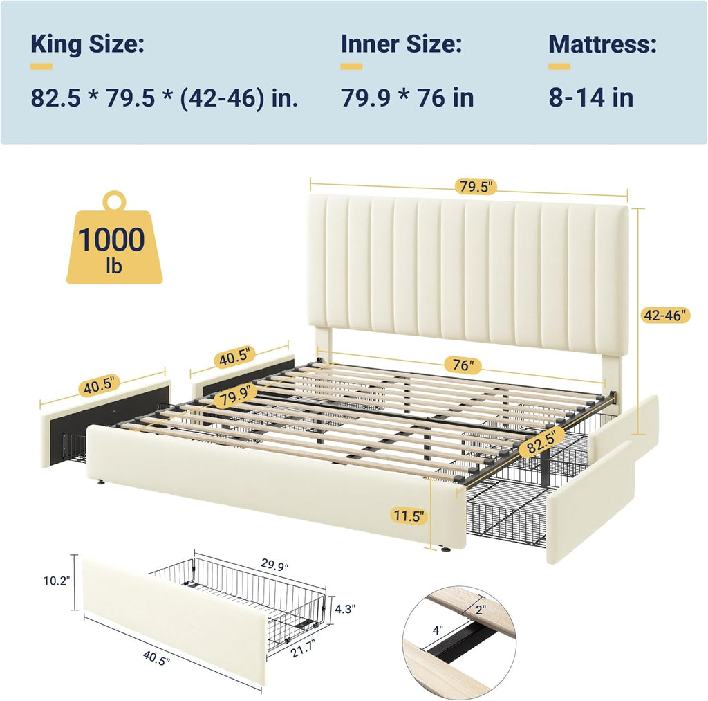 Allewie King Size Storage Bed Frame, Vertical Channel Tufted Adjustable Headboard, Velvet Upholstered Platform Bed with 4 Oversized Underbed Drawers, Wooden Slats Support, No Box Spring Needed, Cream