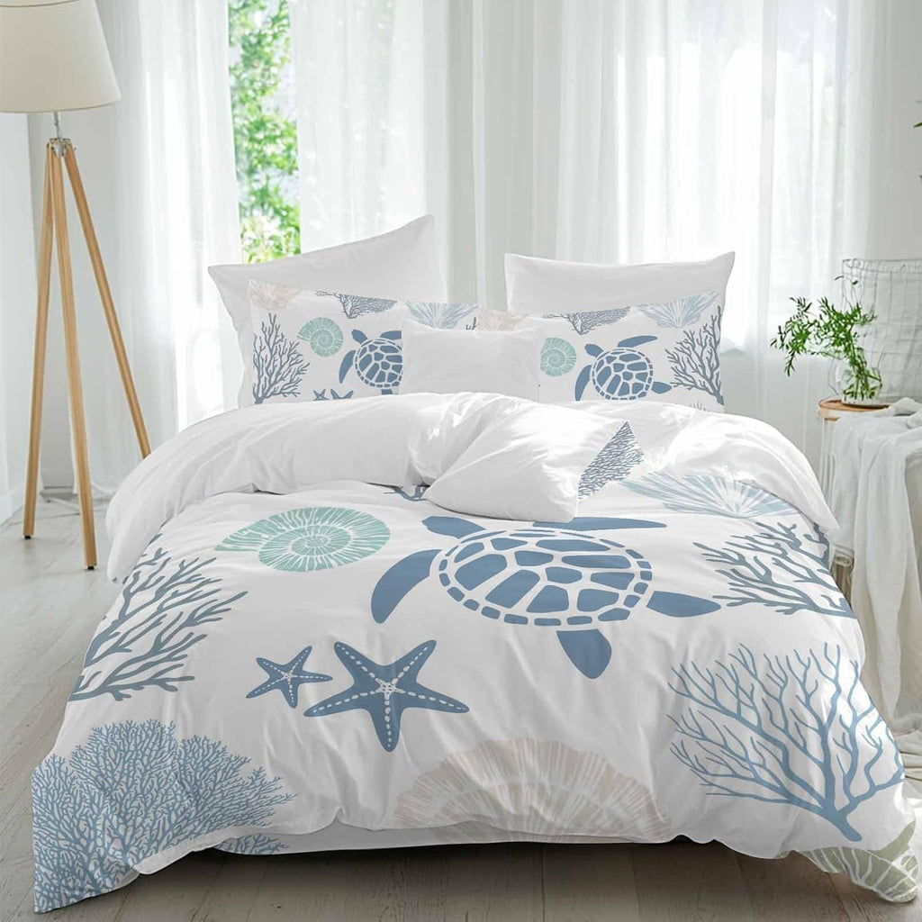 Summer Marine Life Duvet Cover Set Queen Size 4 Pieces Graffiti Sea Turtle Starfish Teal Conch Coral Bedding Set with Zipper Closure, 1 Comforter Cover 86x86 Inches 1 Flat Sheet & 2 Pillow Cases