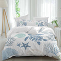 Summer Marine Life Duvet Cover Set Queen Size 4 Pieces Graffiti Sea Turtle Starfish Teal Conch Coral Bedding Set with Zipper Closure, 1 Comforter Cover 86x86 Inches 1 Flat Sheet & 2 Pillow Cases