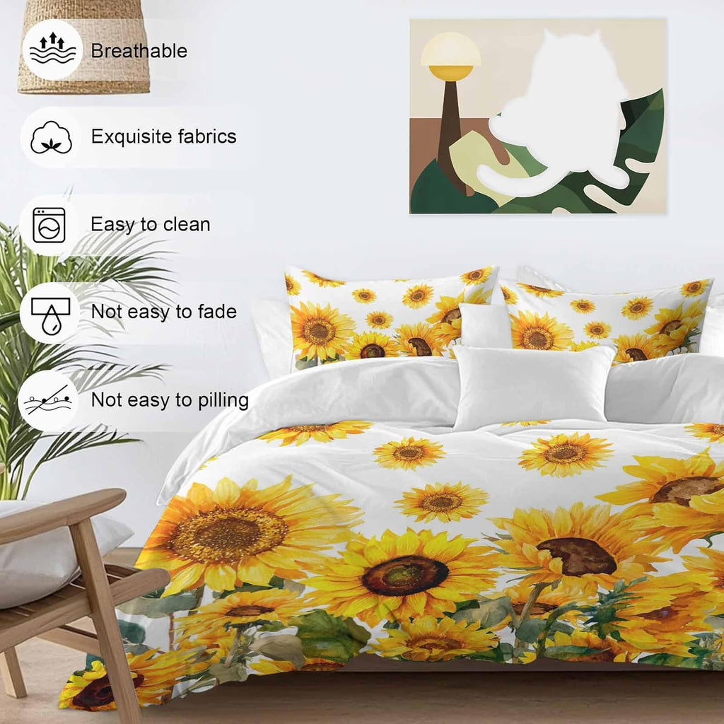 Prime Leader Summer Sunflower Duvet Cover Set Queen Size 4 Pieces Watercolor Flowers Farmhouse Bedding Set with Zipper Closure, 1 Comforter Cover 90x92 Inches 1 Flat Sheet & 2 Pillow Cases