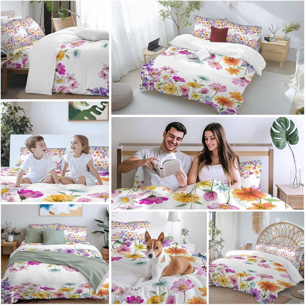 Spring Floral Duvet Cover Set Queen Size 4 Pieces Romantic Colorful Flowers Watercolor Country Leaf Bedding Set with Zipper Closure, 1 Comforter Cover 86x86 Inches 1 Flat Sheet & 2 Pillow Cases