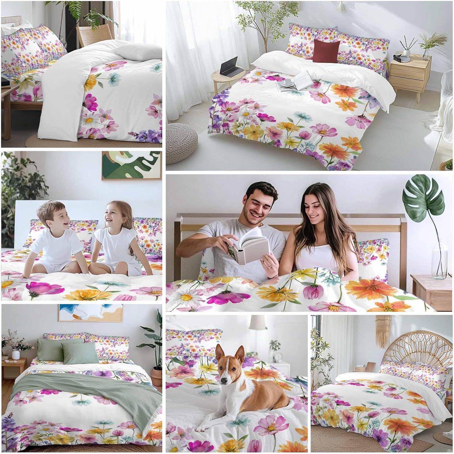 Spring Floral Duvet Cover Set Queen Size 4 Pieces Romantic Colorful Flowers Watercolor Country Leaf Bedding Set with Zipper Closure, 1 Comforter Cover 86x86 Inches 1 Flat Sheet & 2 Pillow Cases
