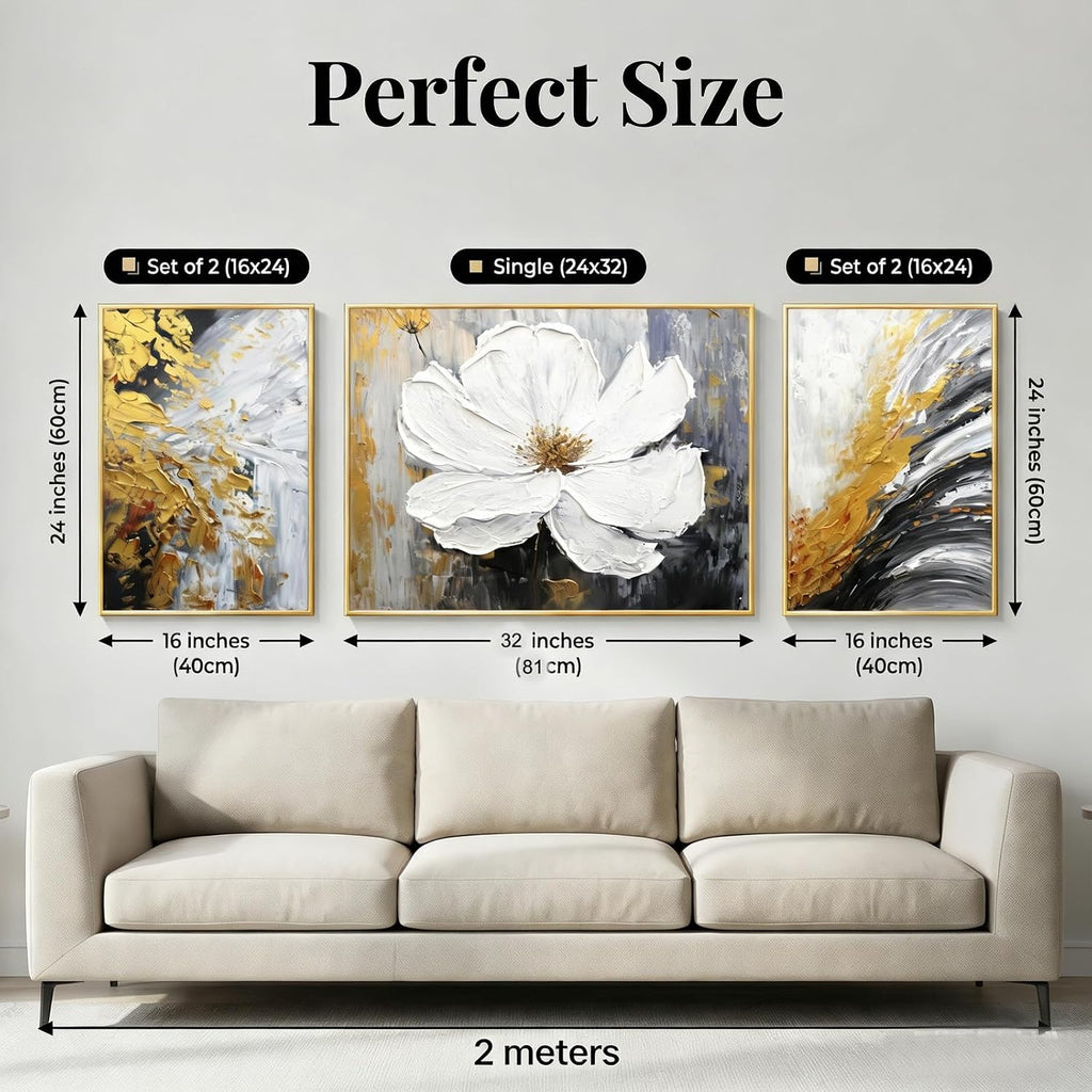 3 Pcs Hand-Painted Floral Canvas Wall Art for Living Room | 3D Textured Abstract White Flower Paintings with Gold Frames for Bedroom | Ready to Hang Modern Luxury Wall Decor for Office (24x64 Inches)