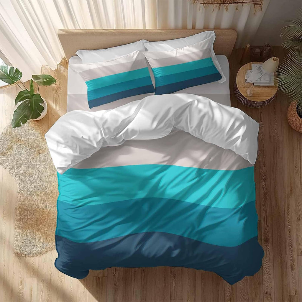 Prime Leader Geometric Stripes Duvet Cover Set Queen Size 4 Pieces Minimalist Turquoise Gradient Pattern Bedding Set with Zipper Closure, 1 Comforter Cover 92x106 Inches 1 Flat Sheet & 2 Pillow Cases