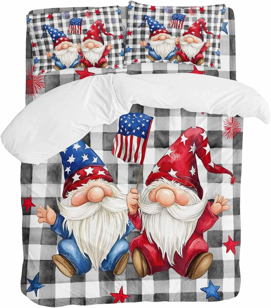 Prime Leader Independence Day Duvet Cover Set Queen Size 4 Pieces Patriotic Gnomes USA Flag Black Plaid Bedding Set with Zipper Closure, 1 Comforter Cover 90x92 Inches 1 Flat Sheet & 2 Pillow Cases