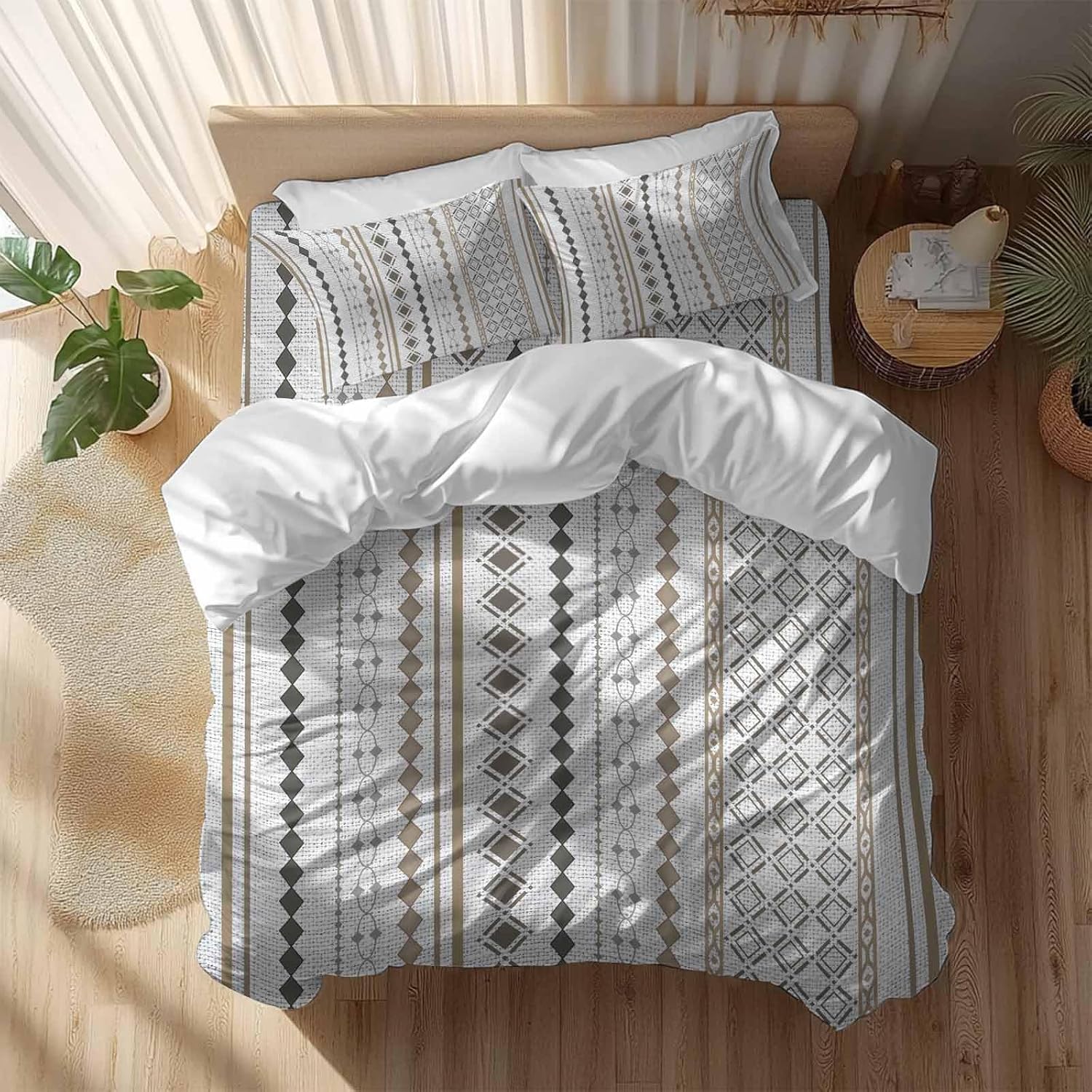 Bohemia Geometric Duvet Cover Set Queen Size 4 Pieces Brown Stripes Diamond Ethnic Linen Texture Bedding Set with Zipper Closure, 1 Comforter Cover 90x92 Inches 1 Flat Sheet & 2 Pillow Cases