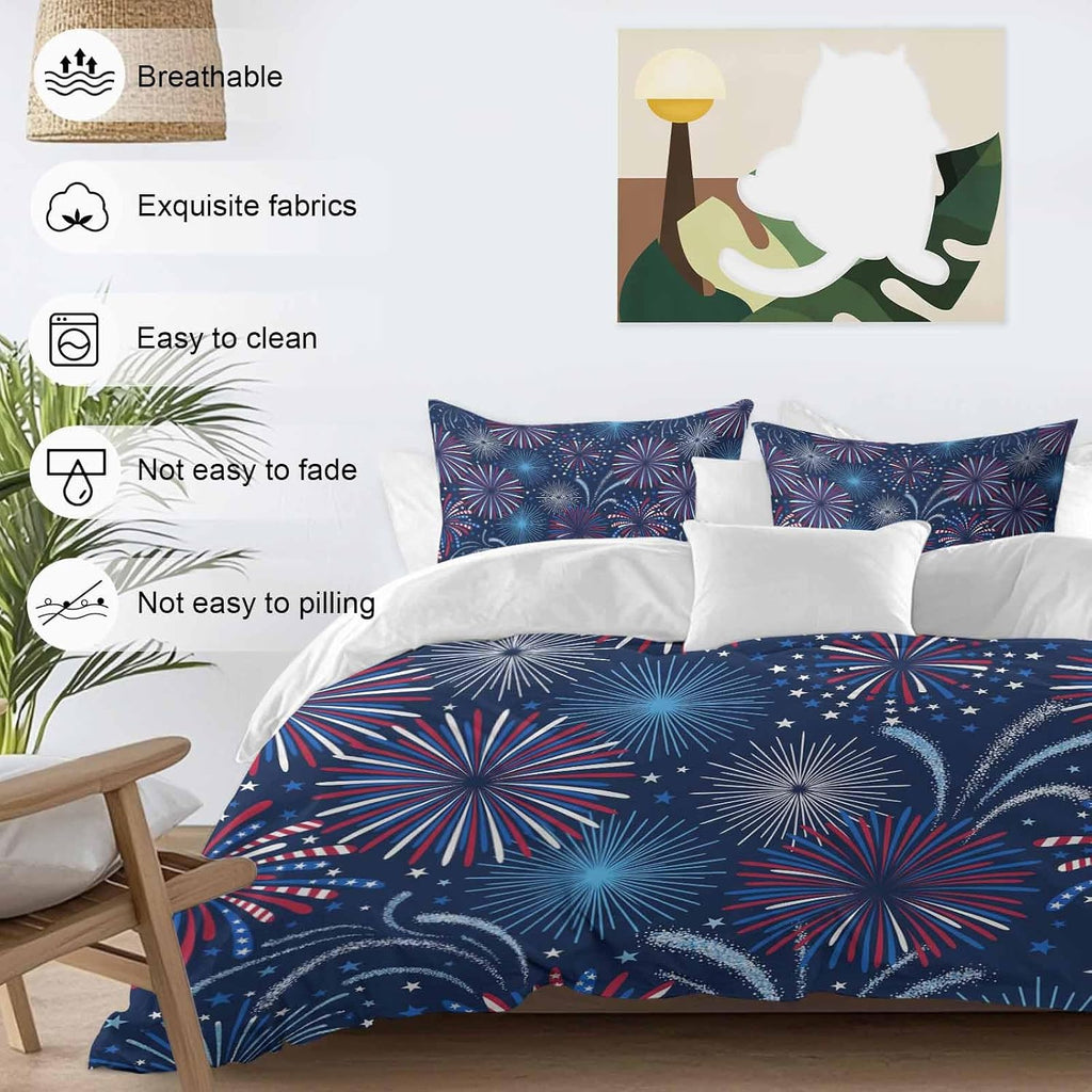 Independence Day Firework Duvet Cover Set Queen Size 4 Pieces Patriotic Red Blue Firework Dark Blue Bedding Set with Zipper Closure, 1 Comforter Cover 86x86 Inches 1 Flat Sheet & 2 Pillow Cases