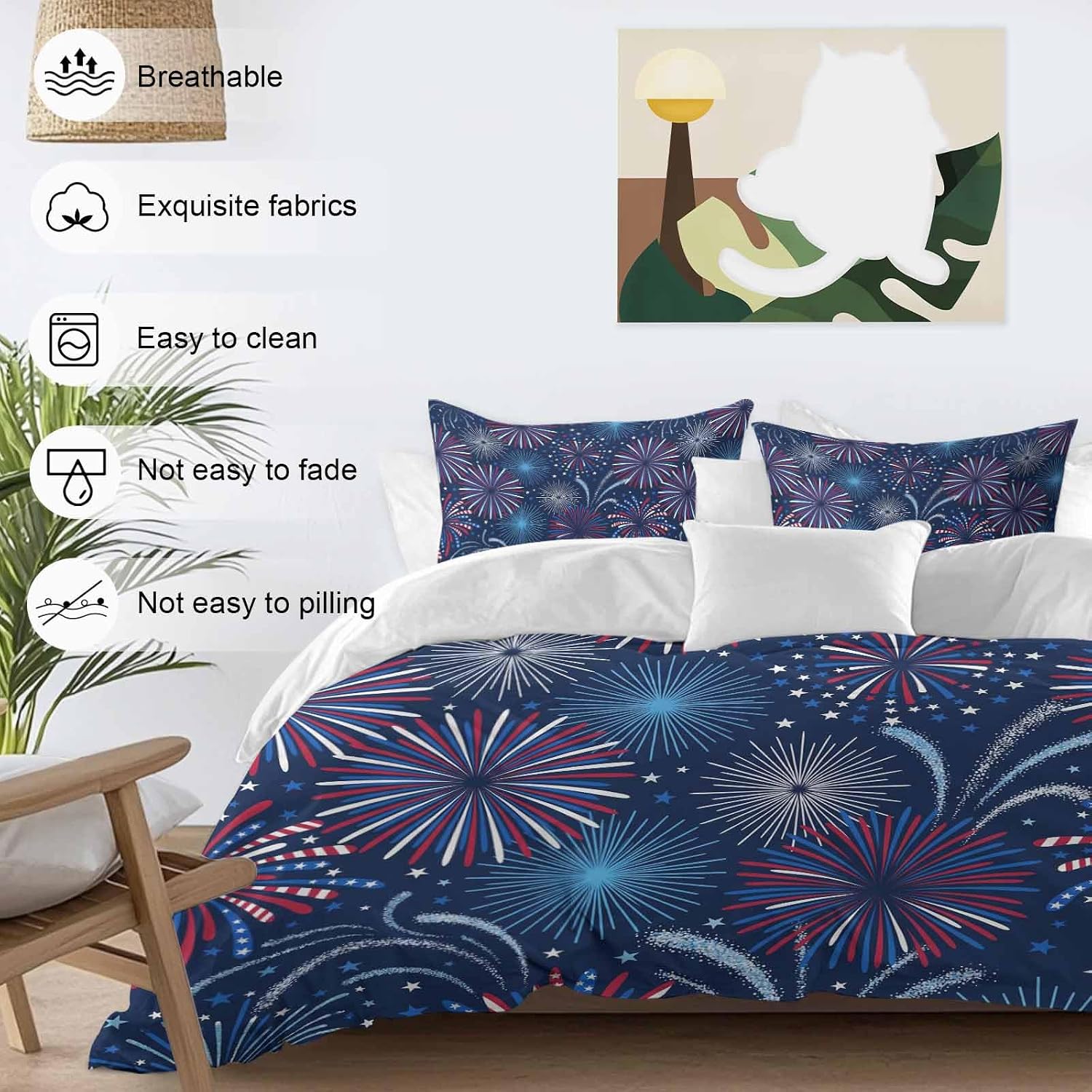 Independence Day Firework Duvet Cover Set Queen Size 4 Pieces Patriotic Red Blue Firework Dark Blue Bedding Set with Zipper Closure, 1 Comforter Cover 86x86 Inches 1 Flat Sheet & 2 Pillow Cases