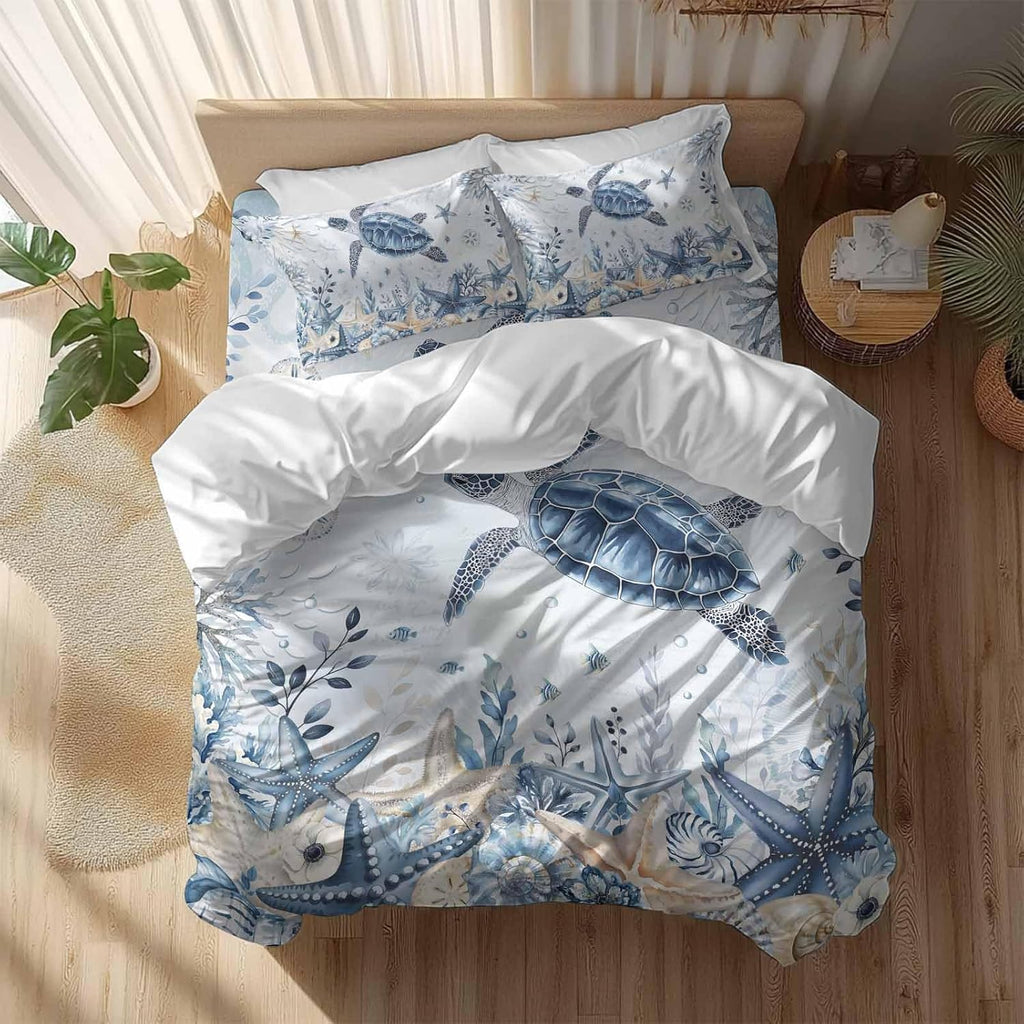 Prime Leader Ocean Turtles Duvet Cover Set Queen Size 4 Pieces Blue Yellow Sea Star Shell Coral Blue Bedding Set with Zipper Closure, 1 Comforter Cover 86x86 Inches 1 Flat Sheet & 2 Pillow Cases