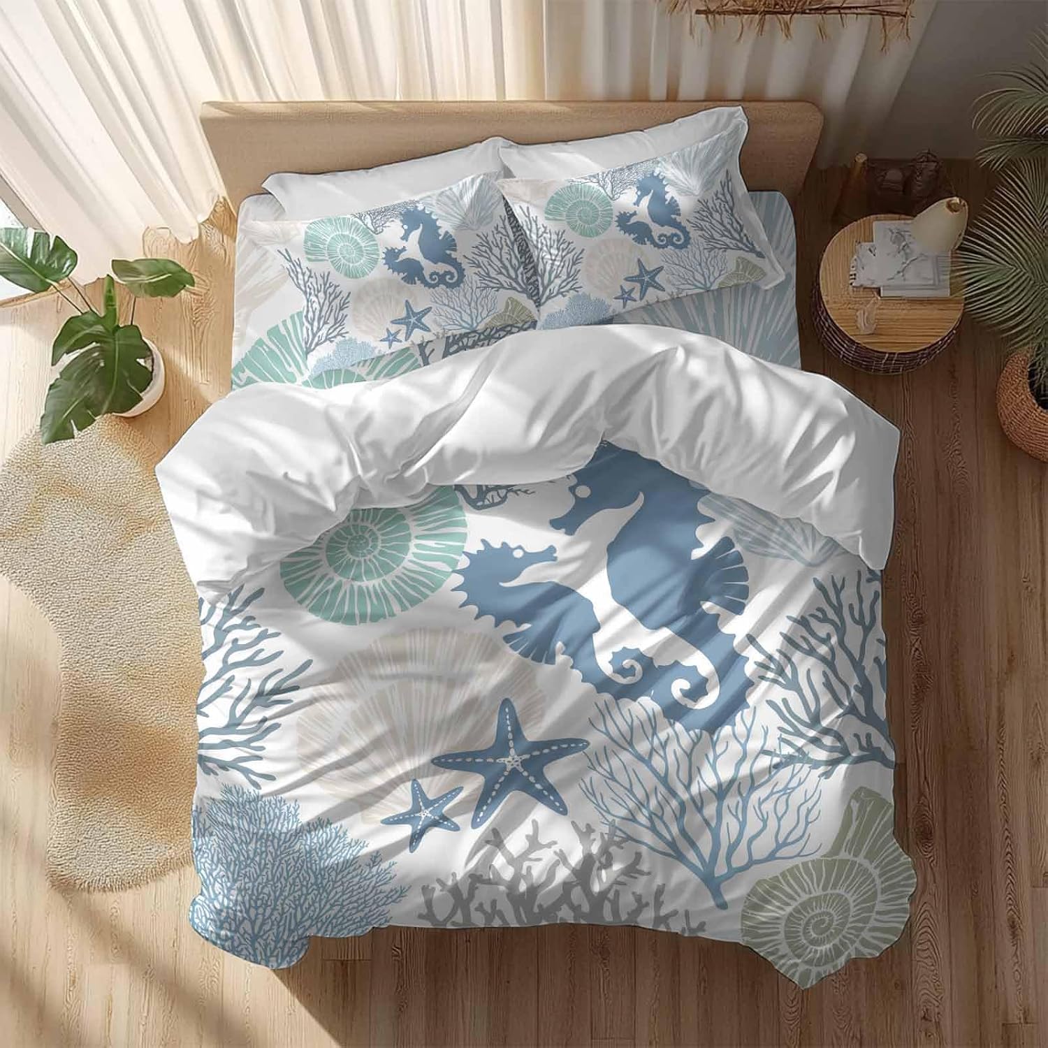 Blue Ocean Seahorse Duvet Cover Set Queen Size 4 Pieces Nautical Sea Watercolor Teal Shells Coral Starfish Bedding Set with Zipper Closure,1 Comforter Cover 92x106 Inches 1 Flat Sheet & 2 Pillow Cases
