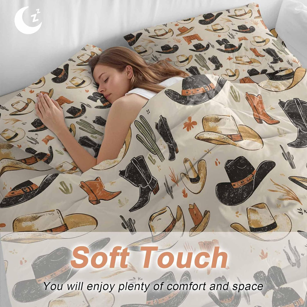 Prime Leader Western Cowboy Duvet Cover Set Queen Size 4 Pieces Boots Hat Vintage Desert Cactus Bedding Set with Zipper Closure, 1 Comforter Cover 90x92 Inches 1 Flat Sheet & 2 Pillow Cases