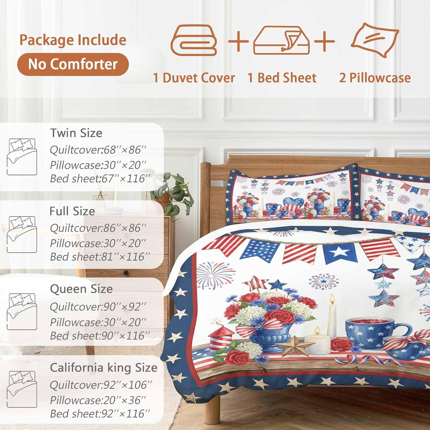 Prime Leader Independence Day Duvet Cover Set Queen Size 4 Pieces Retro Red Blue USA Flag Floral Star Bedding Set with Zipper Closure, 1 Comforter Cover 90x92 Inches 1 Flat Sheet & 2 Pillow Cases