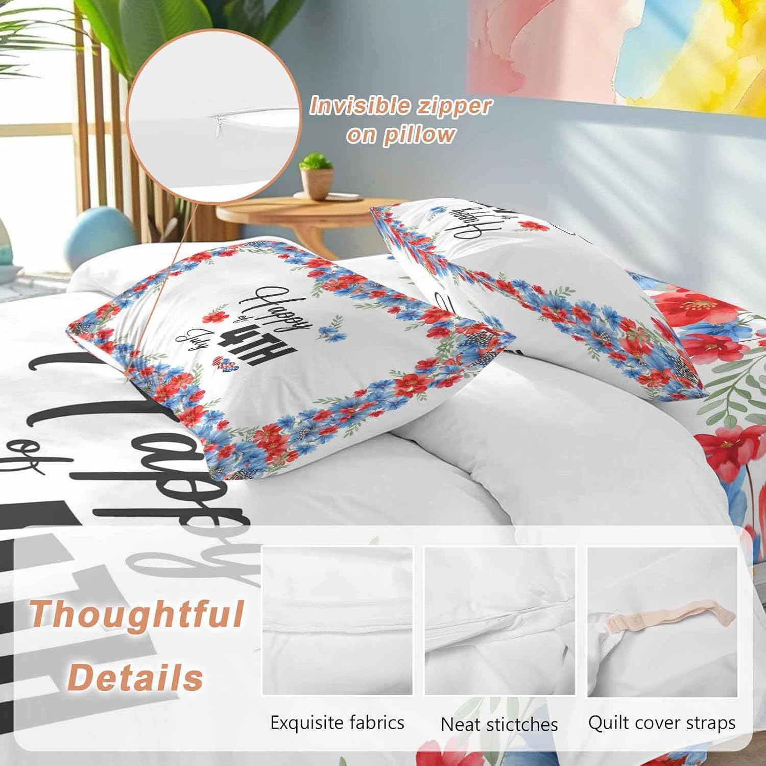 Prime Leader Happy of 4th July Duvet Cover Set Queen Size 4 Pieces Rustic Red Blue Floral Heart Bedding Set with Zipper Closure, 1 Comforter Cover 92x106 Inches 1 Flat Sheet & 2 Pillow Cases