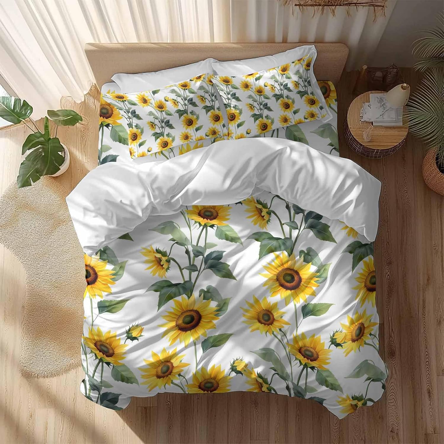 Prime Leader Summer Sunflowers Duvet Cover Set Queen Size 4 Pieces Watercolor Floral White Bedding Set with Zipper Closure, 1 Comforter Cover 90x92 Inches 1 Flat Sheet & 2 Pillow Cases