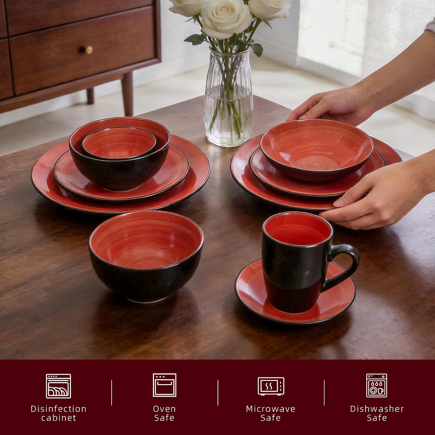 Stoneware Sonoma 56pc Dinnerware Set, Black + Speckled Spin Wash Red